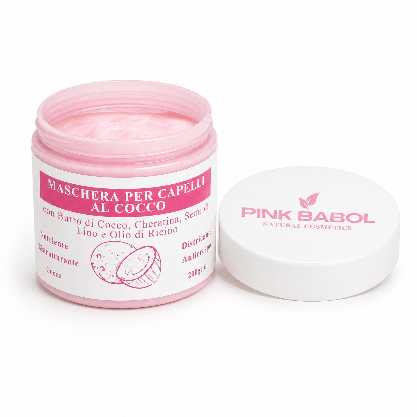 Maschera Capelli al Cocco con Burro di Cocco, Cheratina, Semi di Lino e Olio di Ricino - Nutriente, Ristrutturante, Districante e Anticrespo-Pink Babol