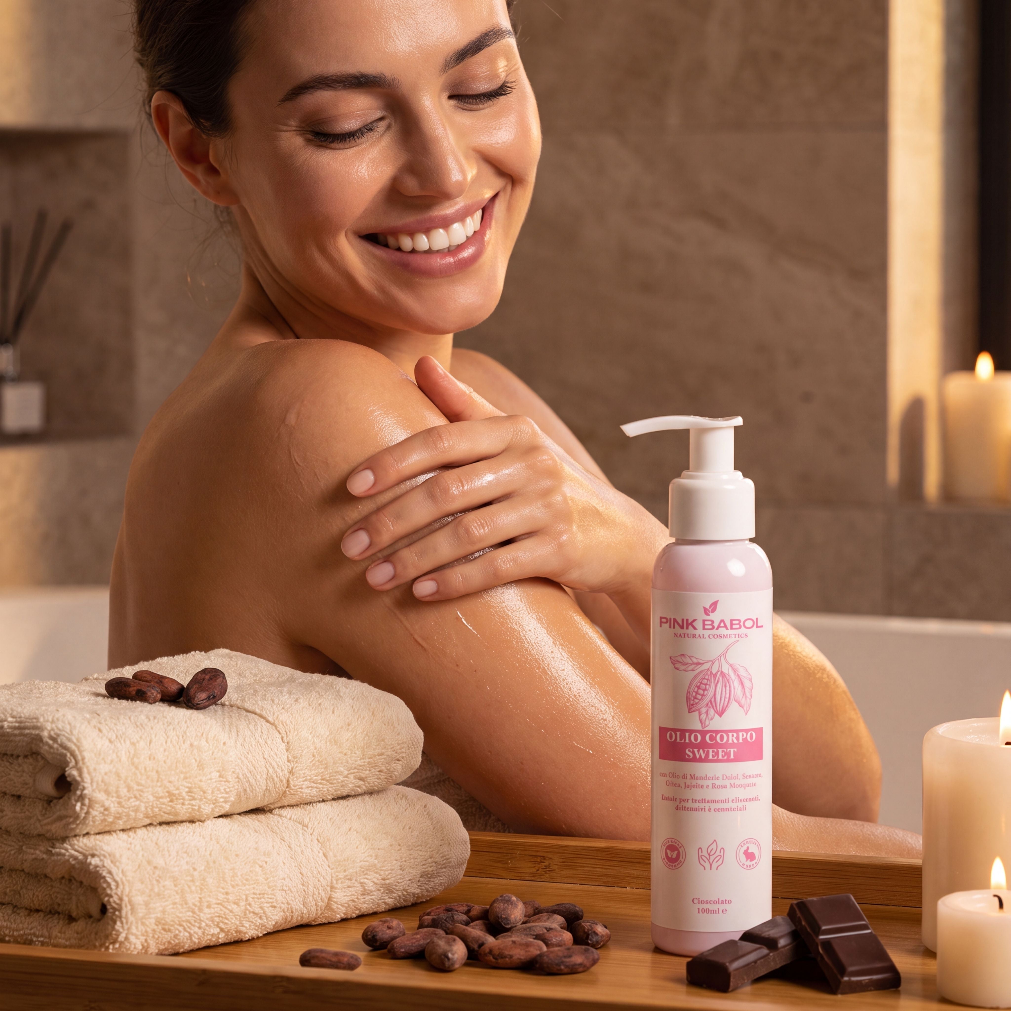 Olio Corpo/Massaggi SWEET con Olio di Mandorle Dolci, Sesamo, Oliva, Jojoba e Rosa Mosqueta - Anti Smagliature, Emolliente e Nutriente con dolci note di Cioccolato-Pink Babol