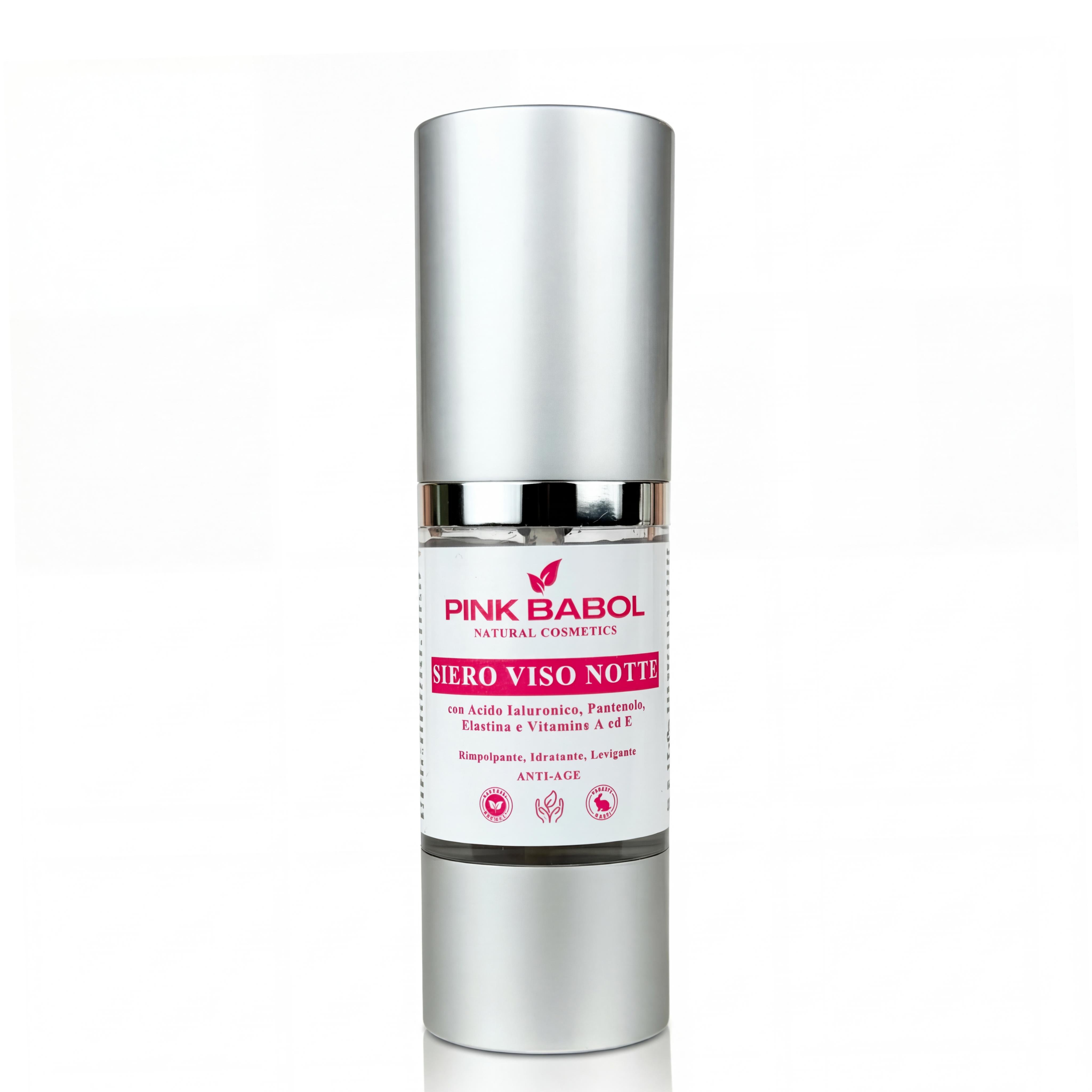 Siero Viso Notte Anti-Age Rimpolpante, Idratante e Levigante con Acido Ialuronico, Pantenolo, Elastina e Vitamine A ed E-Pink Babol
