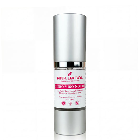Siero Viso Notte Anti-Age Rimpolpante, Idratante e Levigante con Acido Ialuronico, Pantenolo, Elastina e Vitamine A ed E-Pink Babol
